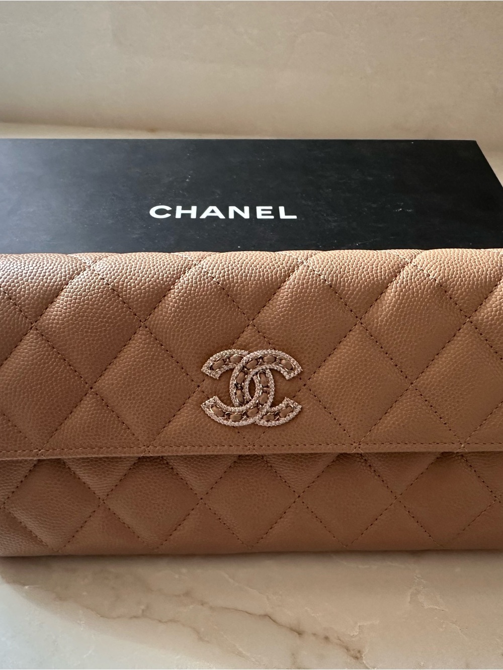 CHANEL Quilted Tan Caviar Leather Wallet with CC Logo